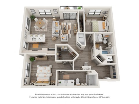 Floor plan for 2 beds, 2 baths, 1205 sqft